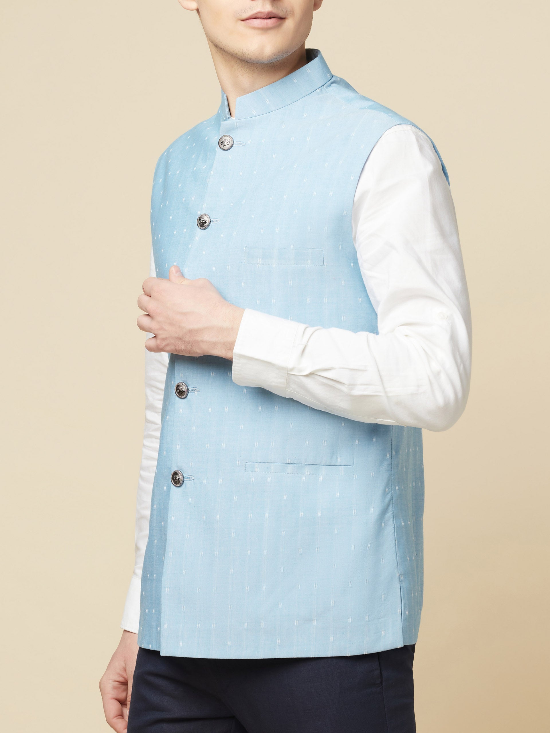 Sky Blue Printed Bundi Jacket Set image 4