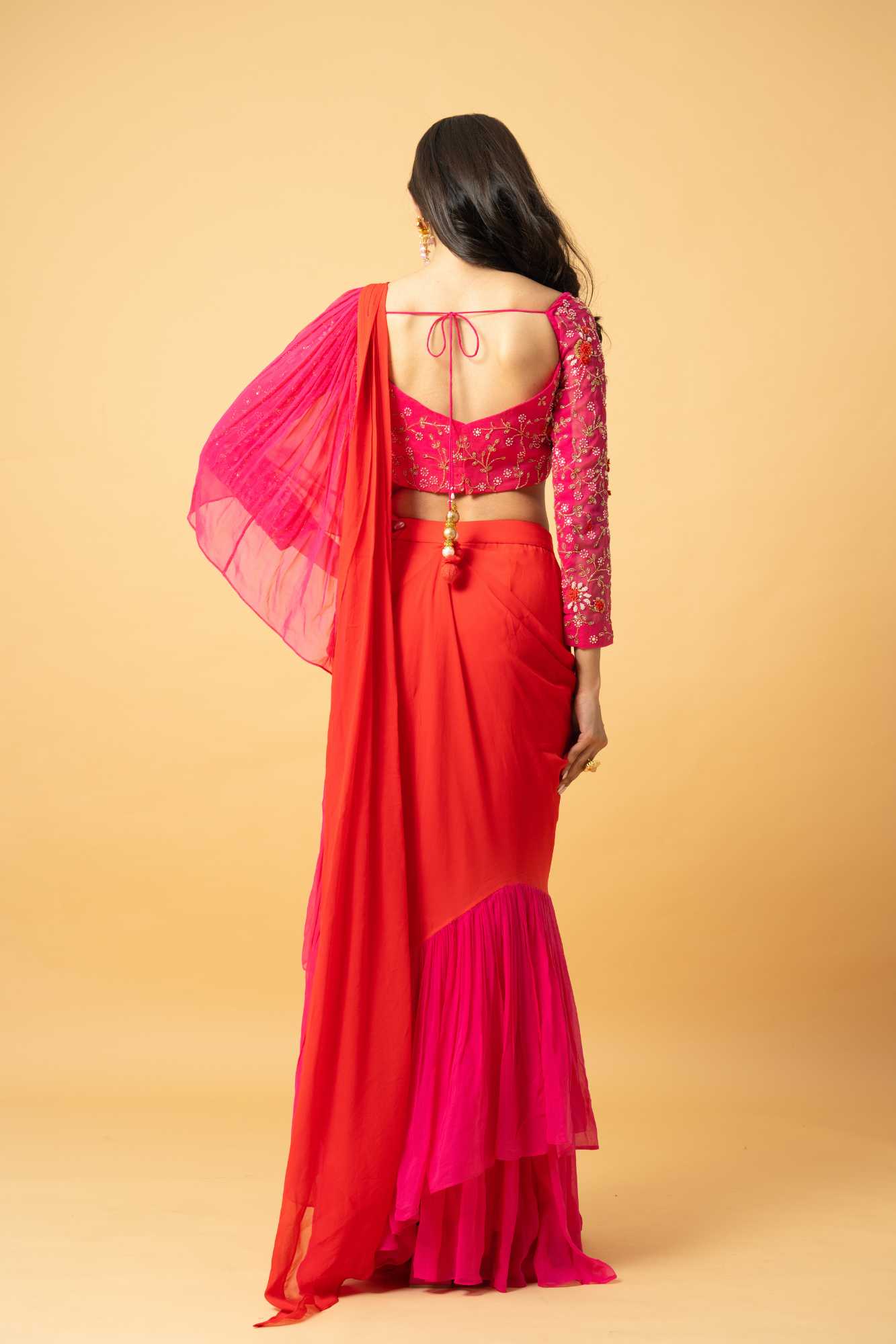 Pink and Orange Georgette Ruffle Saree image 3