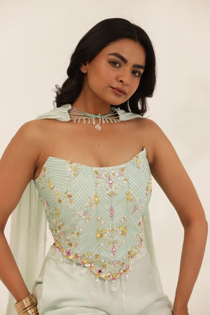 Mint Green Bandhani Bello Bottom Set image 1