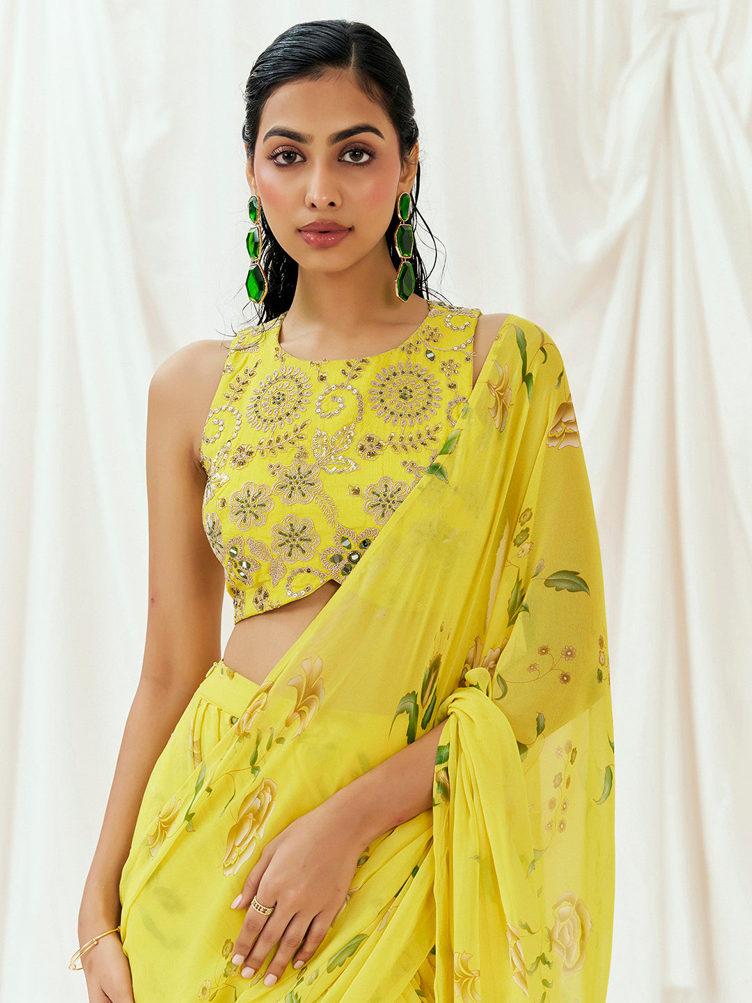 Bright Yellow Printed Embroidered Drape Saree Set image 3