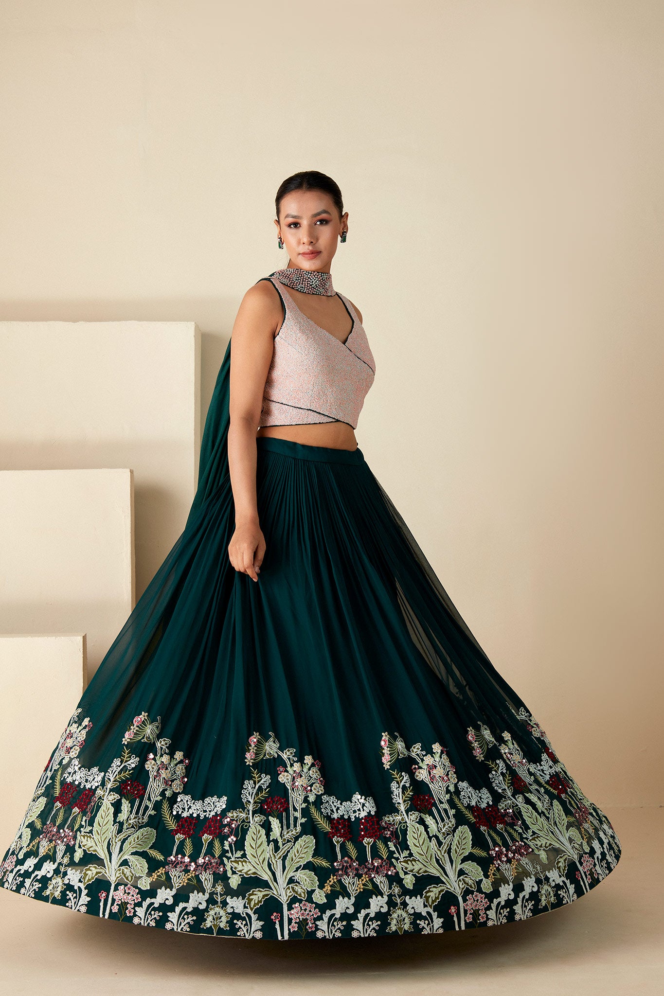 Green Georgette Lehenga with Choker Dupatta image 4