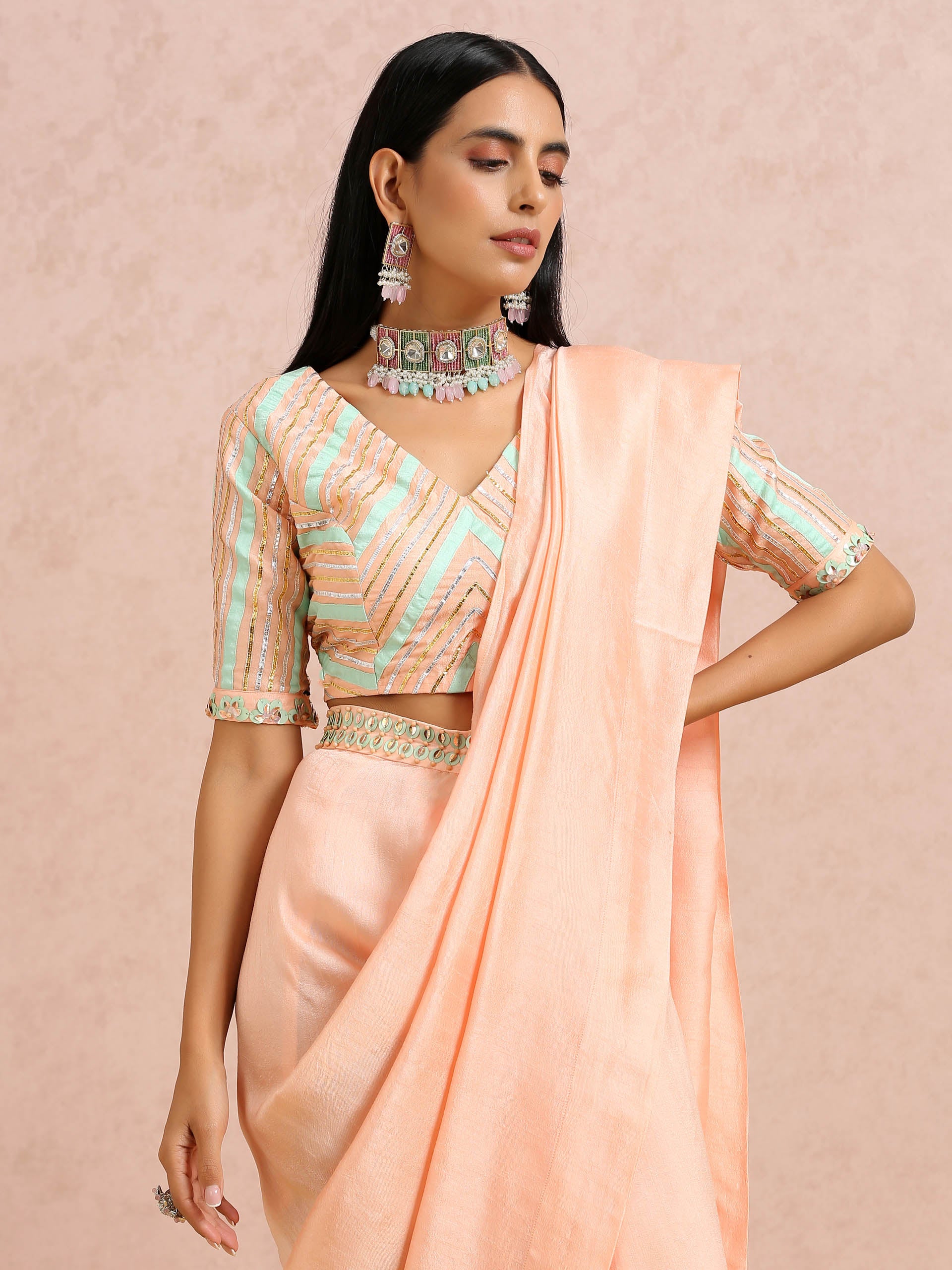 Peach and Mint Pre Draped Saree Set image 5