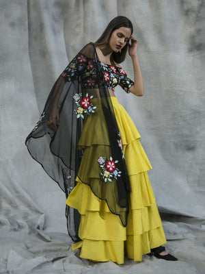 Black Multi-Colour Embroidered Blouse with Yellow Ruffled Lehenga Set - L image
