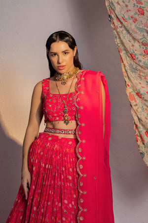 Hot Pink Printed And Embroidered Lehenga Set image 3