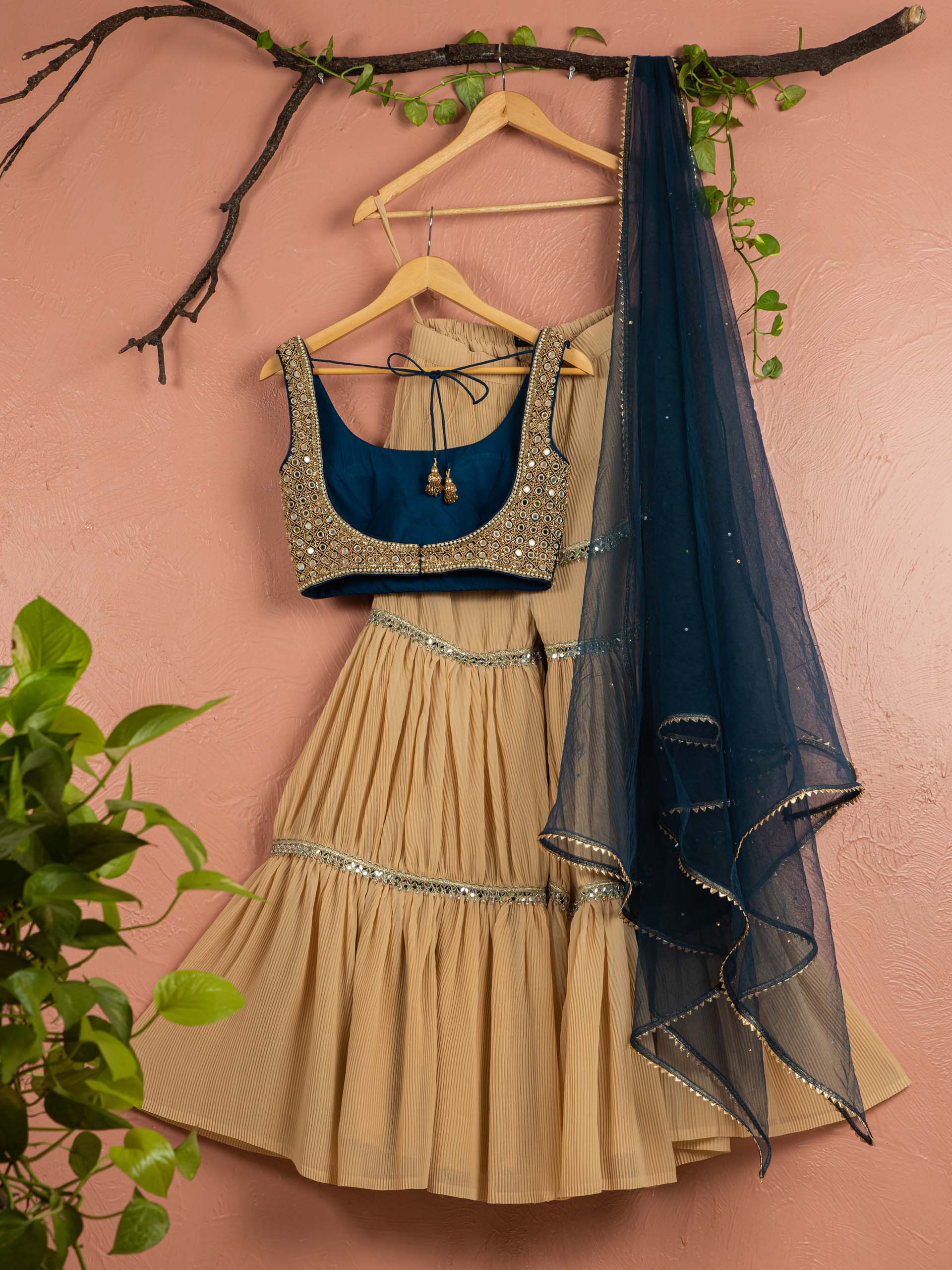 Midnight Blue and Beige Pleated Sharara Set image 1