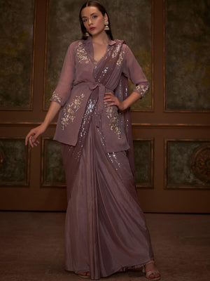 Chocolate Brown Jacket Pre Draped Saree Set - L image