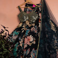 Midnight Blue Floral Blossom Lehenga with Gold and Blue Mirror Work Blouse Set image 0