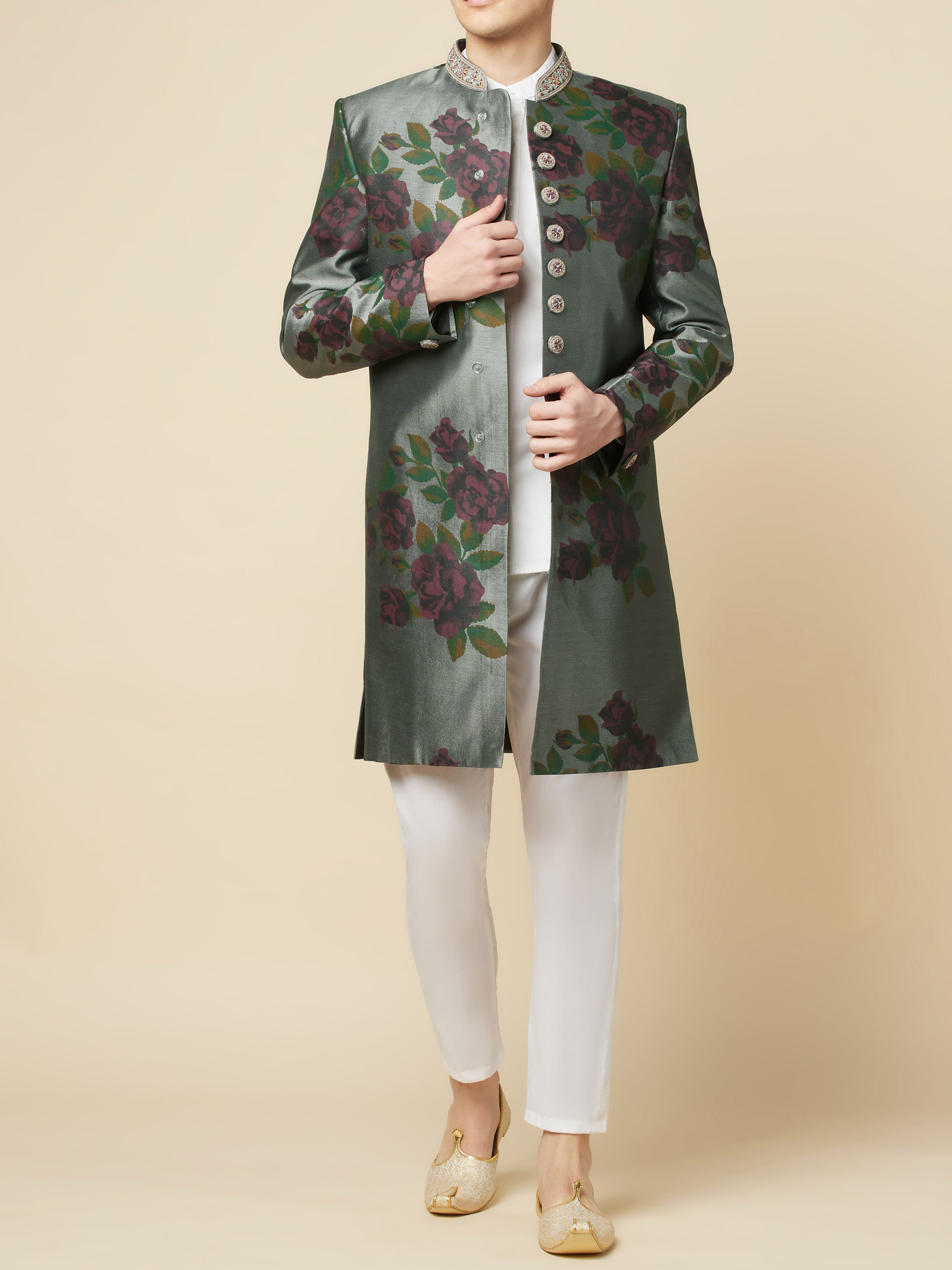 Grey Embroidered Sherwani Set image 7