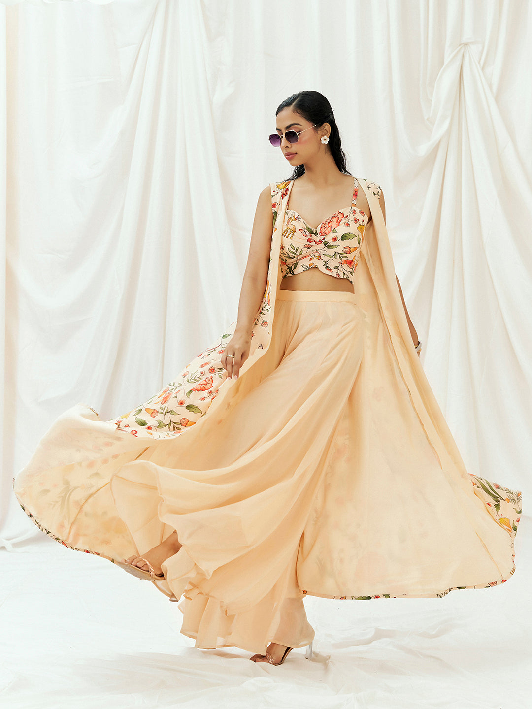 Floral White Printed Long Jacket Sharara Set with Bustier image 1