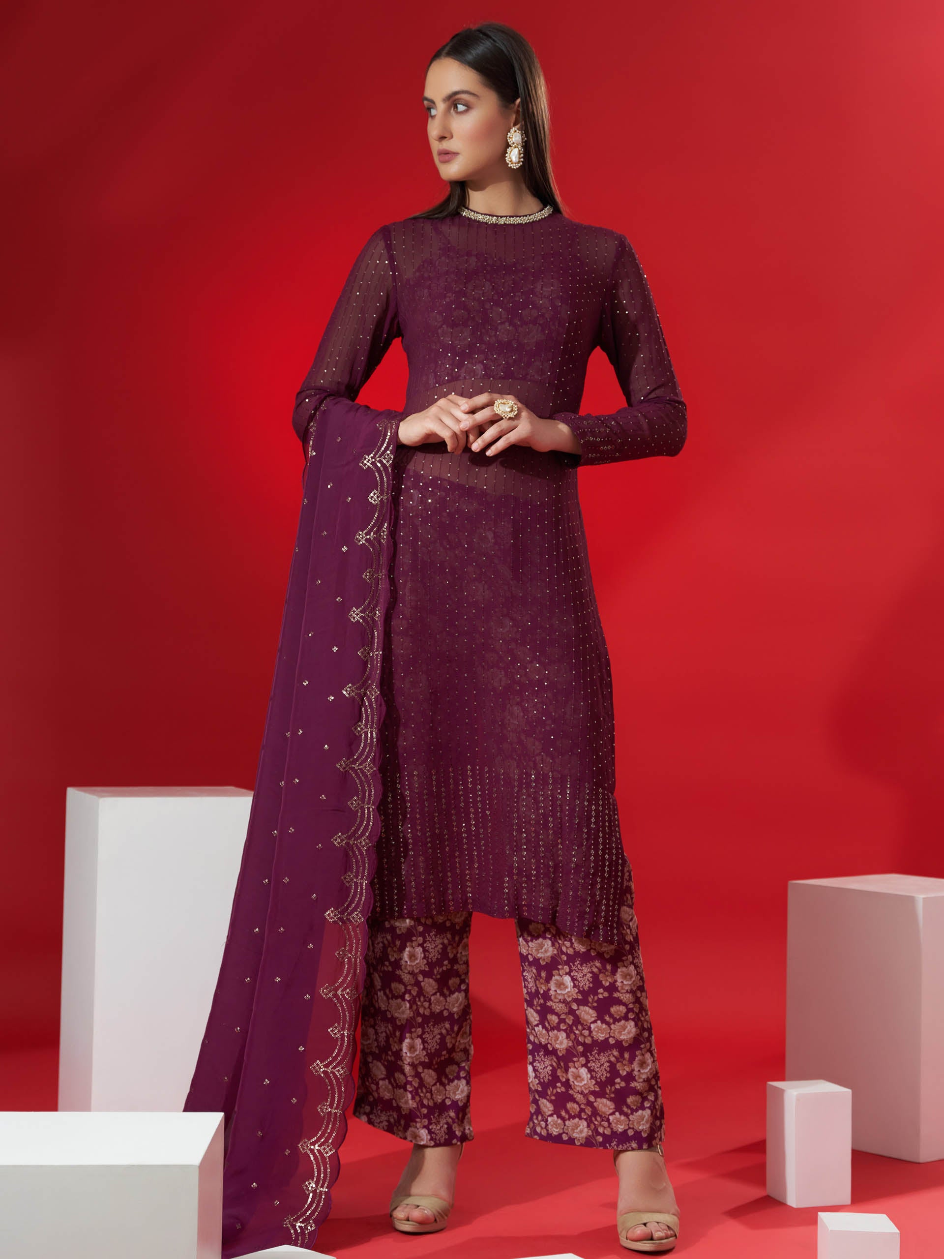 Wine Floral Sequin Suit Set - Custom image
