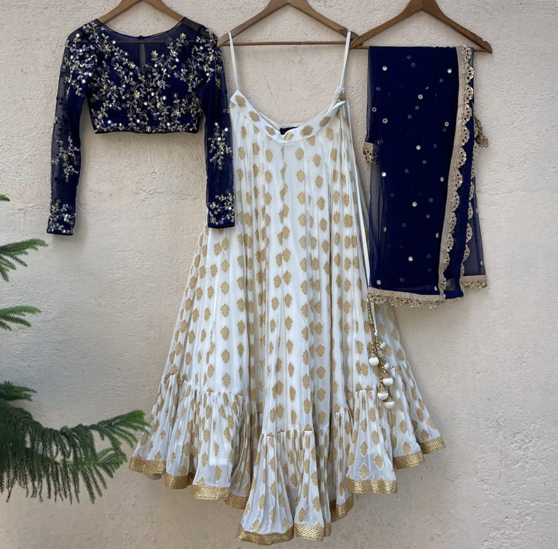 Ivory Lehenga with Navy Blue Blouse Set image 2