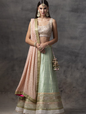 Mint Green Raw Silk Lehenga with Peach Choli - M image