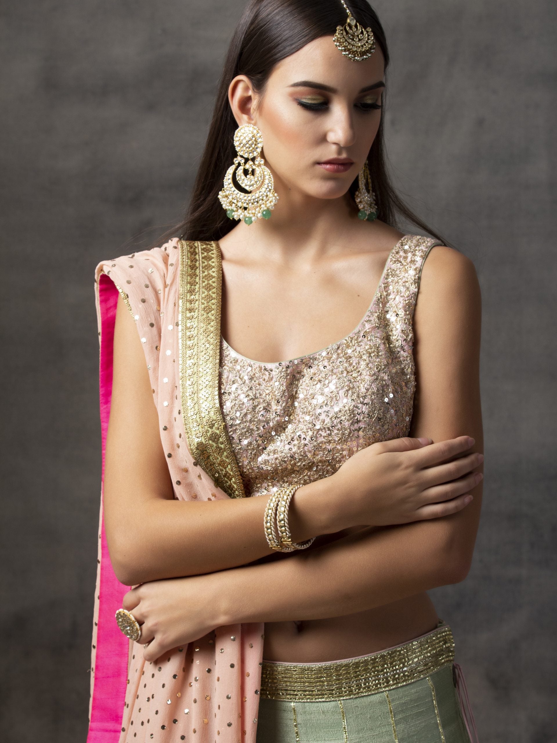 Mint Green Raw Silk Lehenga with Peach Choli image 2