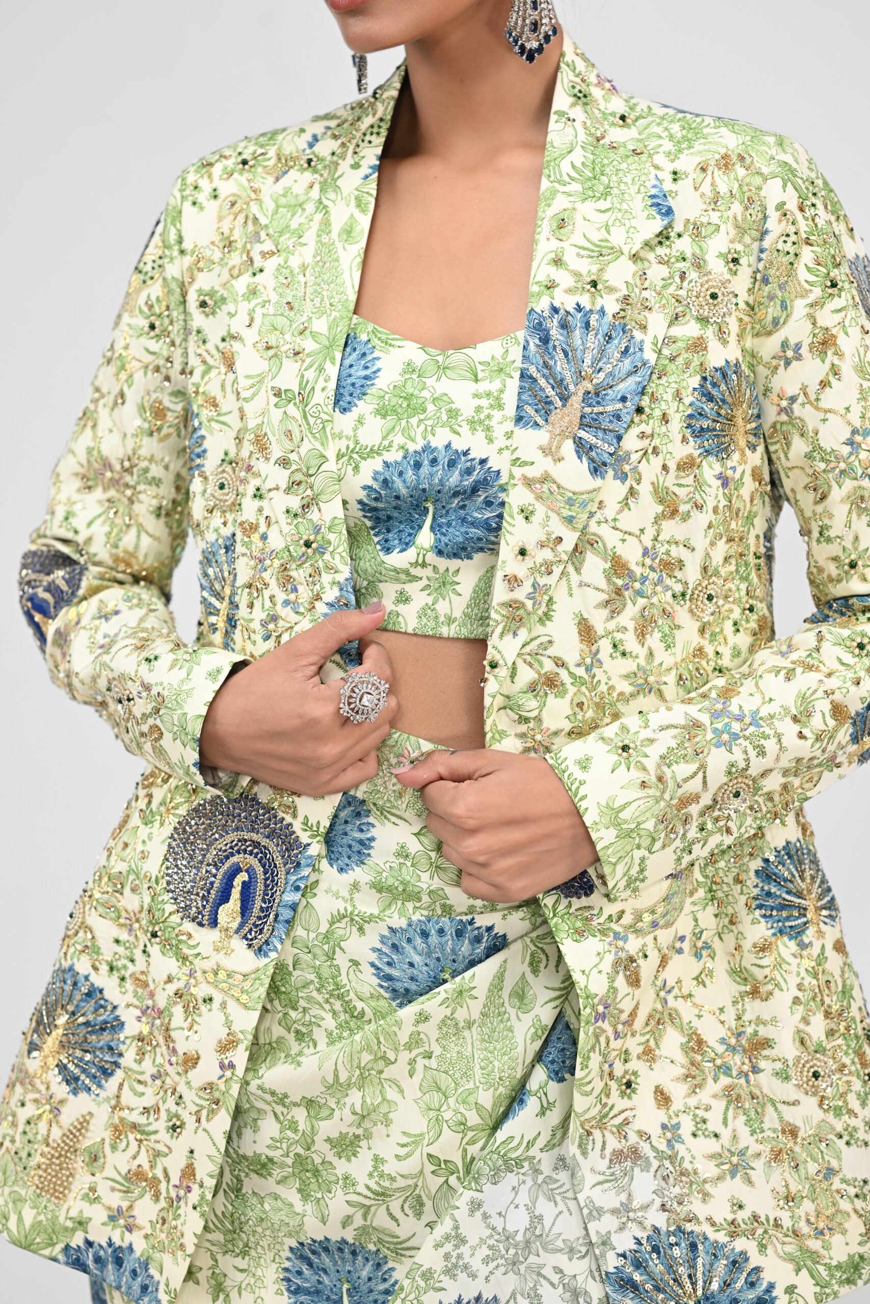 Peacock Bralette, Cowl Skirt Paired With Highlighted Peacock Blazer Set image 2