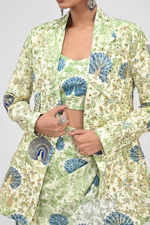 Peacock Bralette, Cowl Skirt Paired With Highlighted Peacock Blazer Set image 2