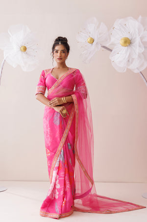 Pink Net Saree - M image