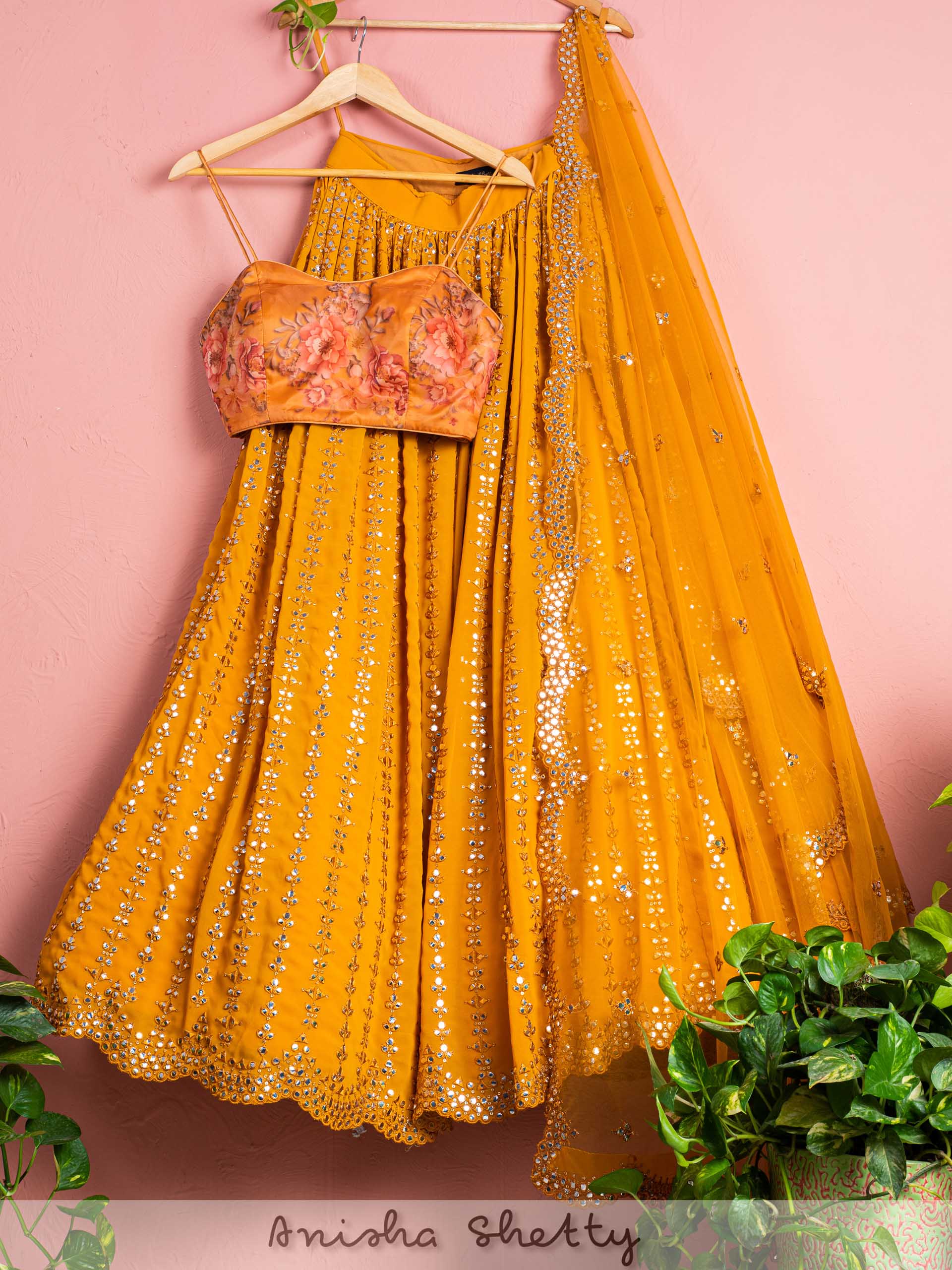 Fire Yellow Lehenga Set With Floral Blouse image 0