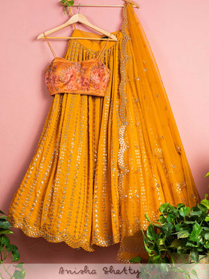 Fire Yellow Lehenga Set With Floral Blouse image 0