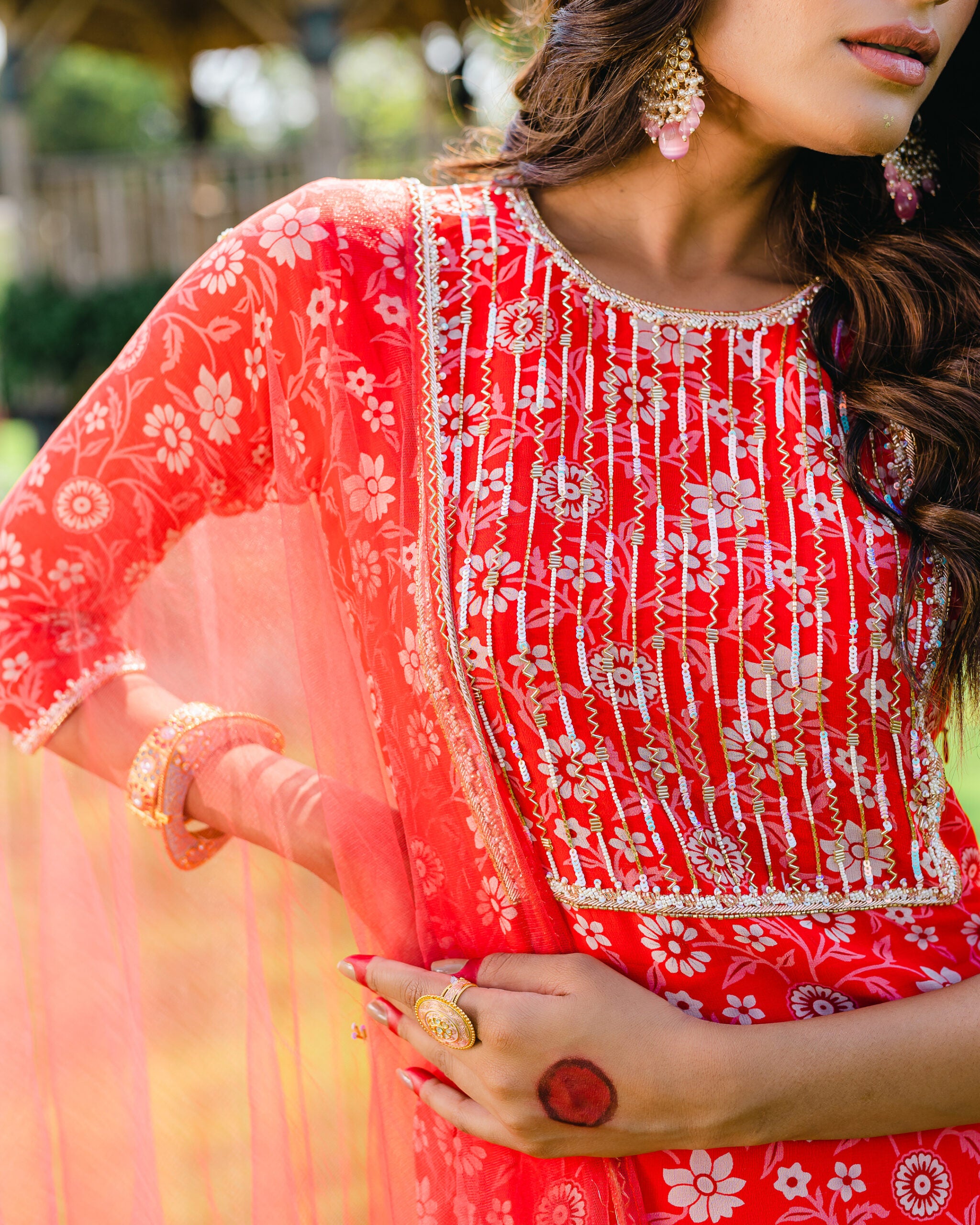 Cherry Red Floral Printed Sharara Set image 3