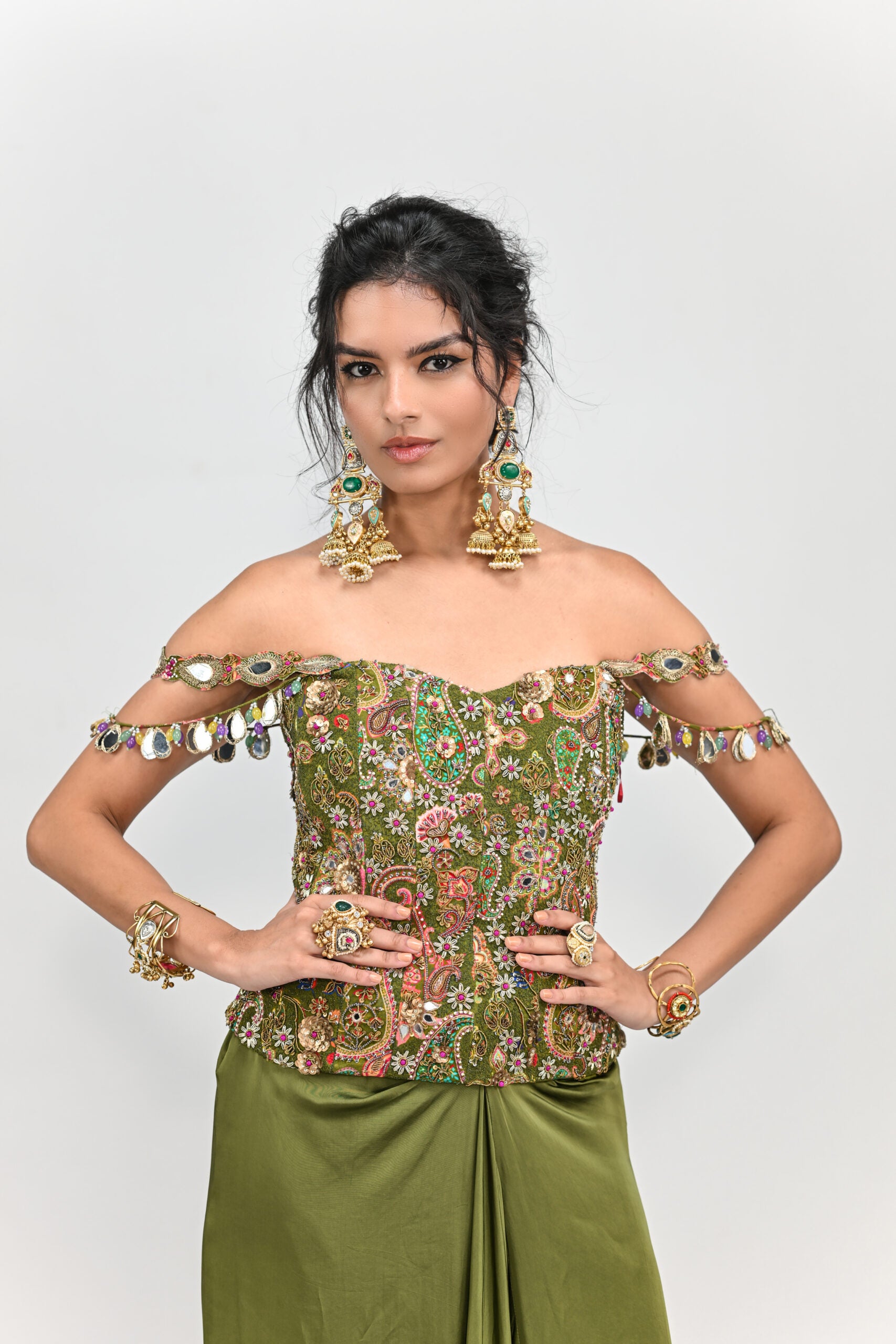 Olive Badla Embroidered Corset Paired with Olive Cowl Skirt image 2