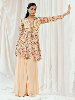 Floral White Printed Embroidered Peplum Sharara Set image 4