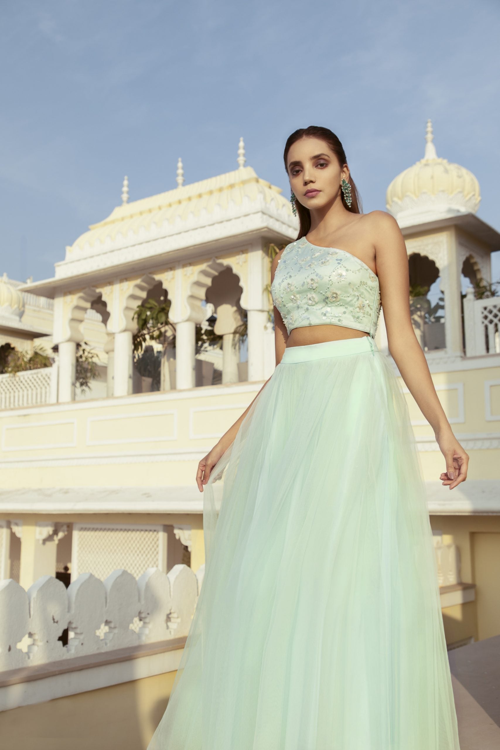 Mint Green One Shoulder Blouse with Tulle Skirt - Custom image