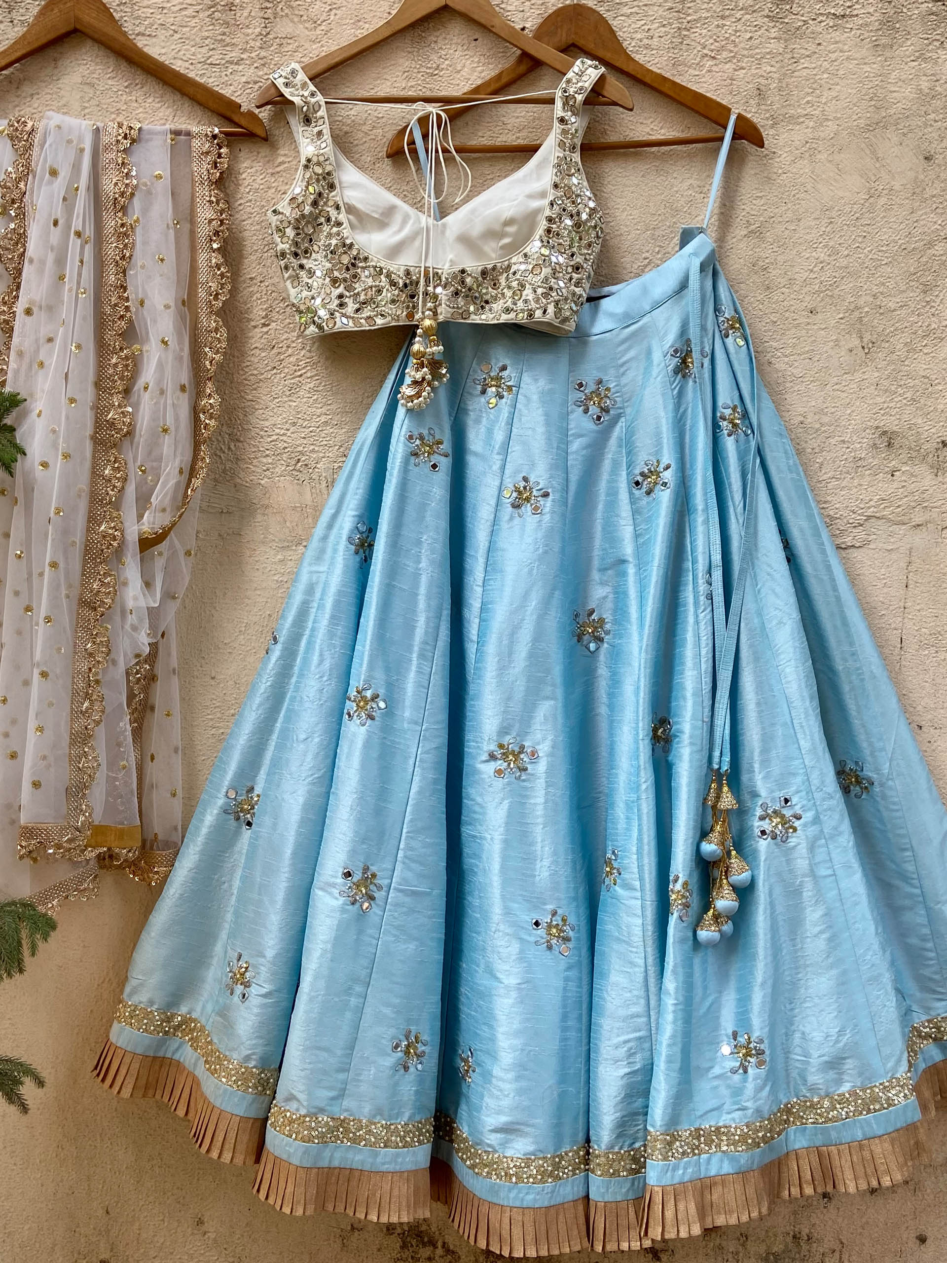 Aqua Blue and Ivory Mirror Ruffle Lehenga Set image 2