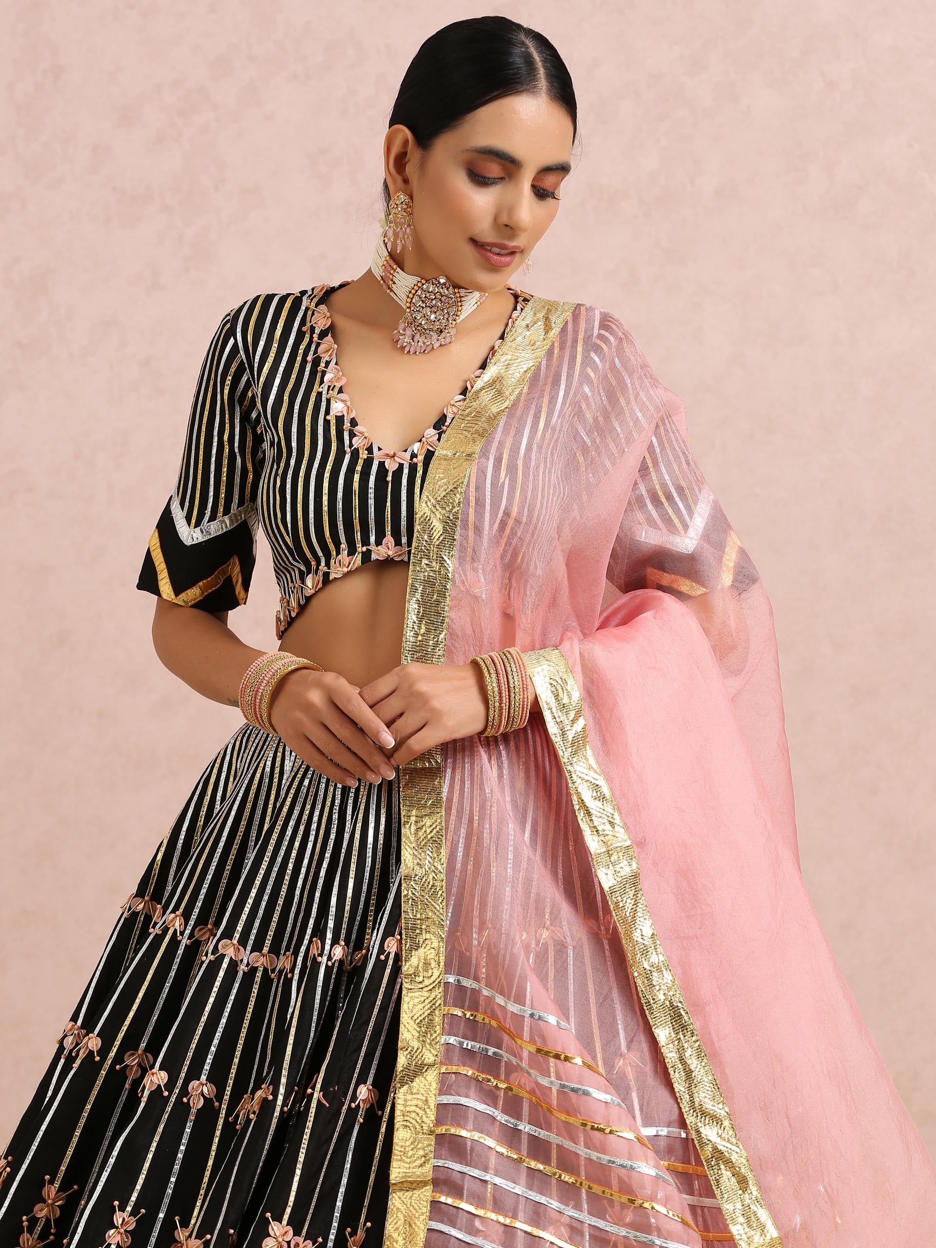 Black Embroidered Stripe Lehenga Set image 3