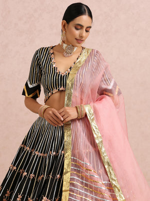 Black Embroidered Stripe Lehenga Set image 3