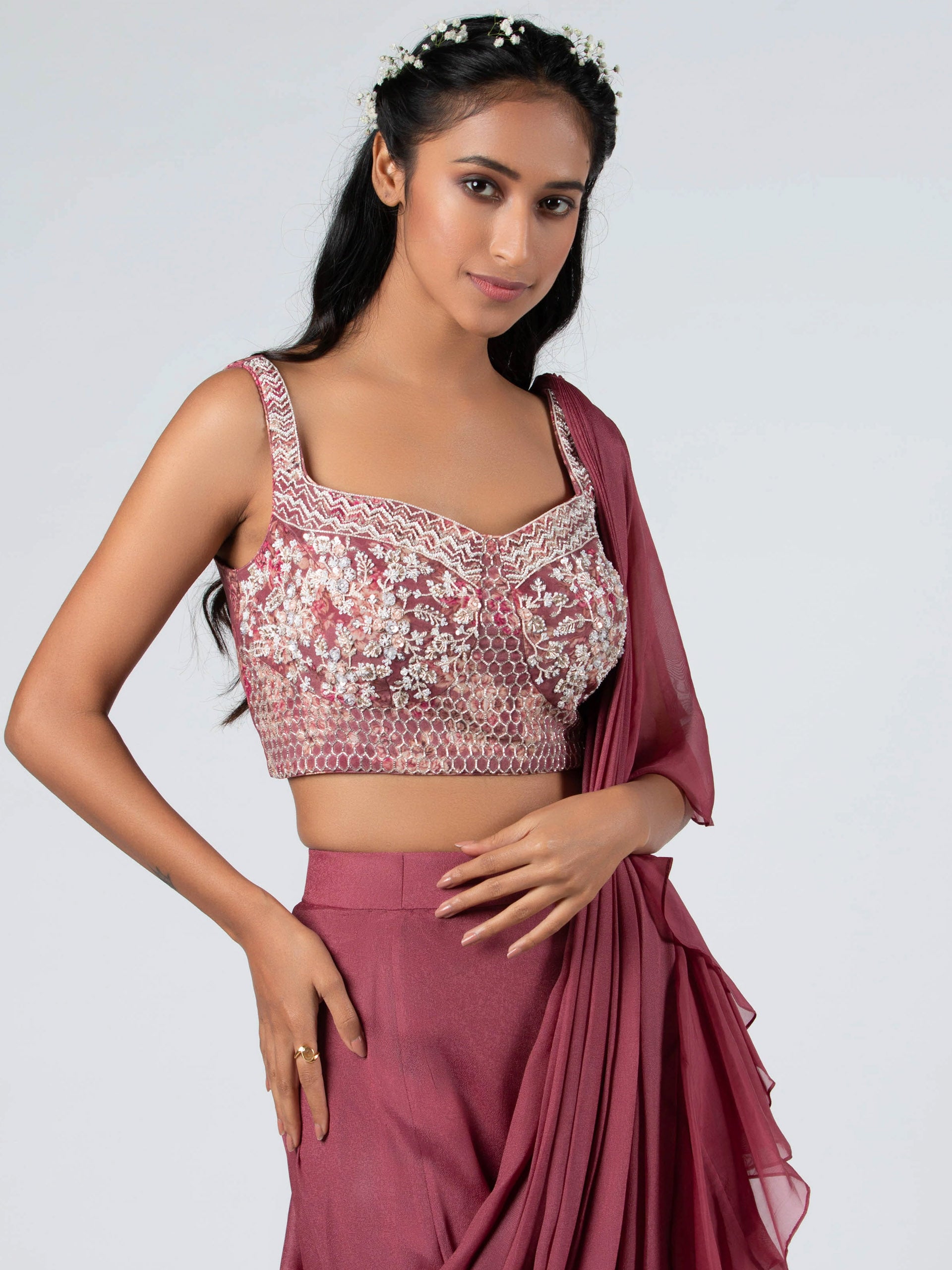 Pre Drape Mauve Ruffle Saree Set image 1