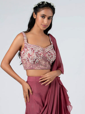 Pre Drape Mauve Ruffle Saree Set image 1