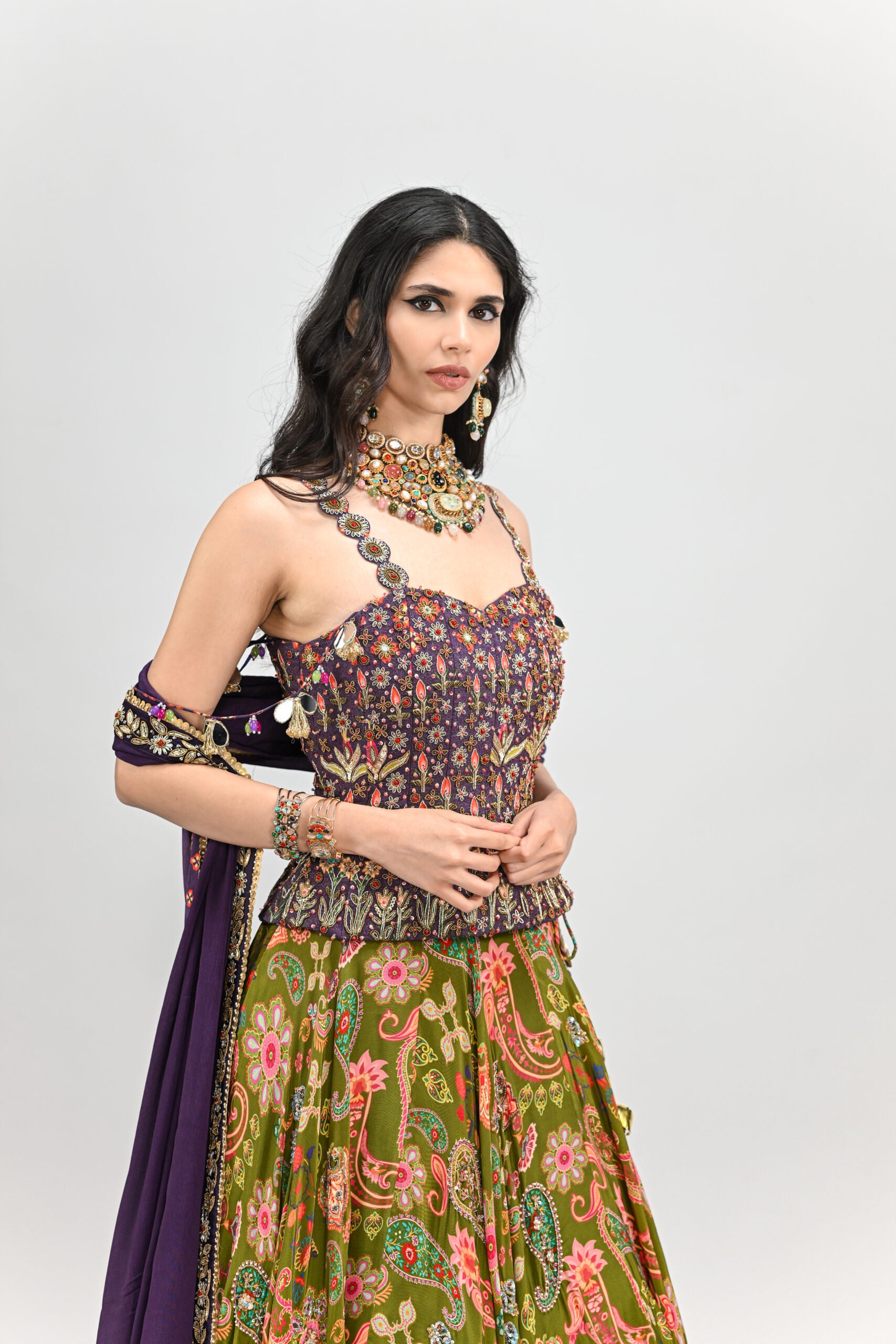 Olive Highlihted Lehenga Paired With Plum Embroidered Badla Corset (with dupatta) image 4