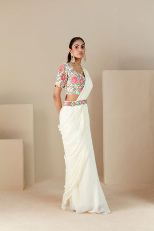 Thread Embroidered Off-White Pre-Drape Saree image 3