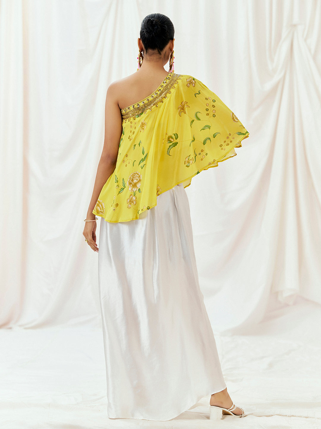 Bright Yellow Printed Embroidered Drape Skirt Set with Top & Bustier image 7