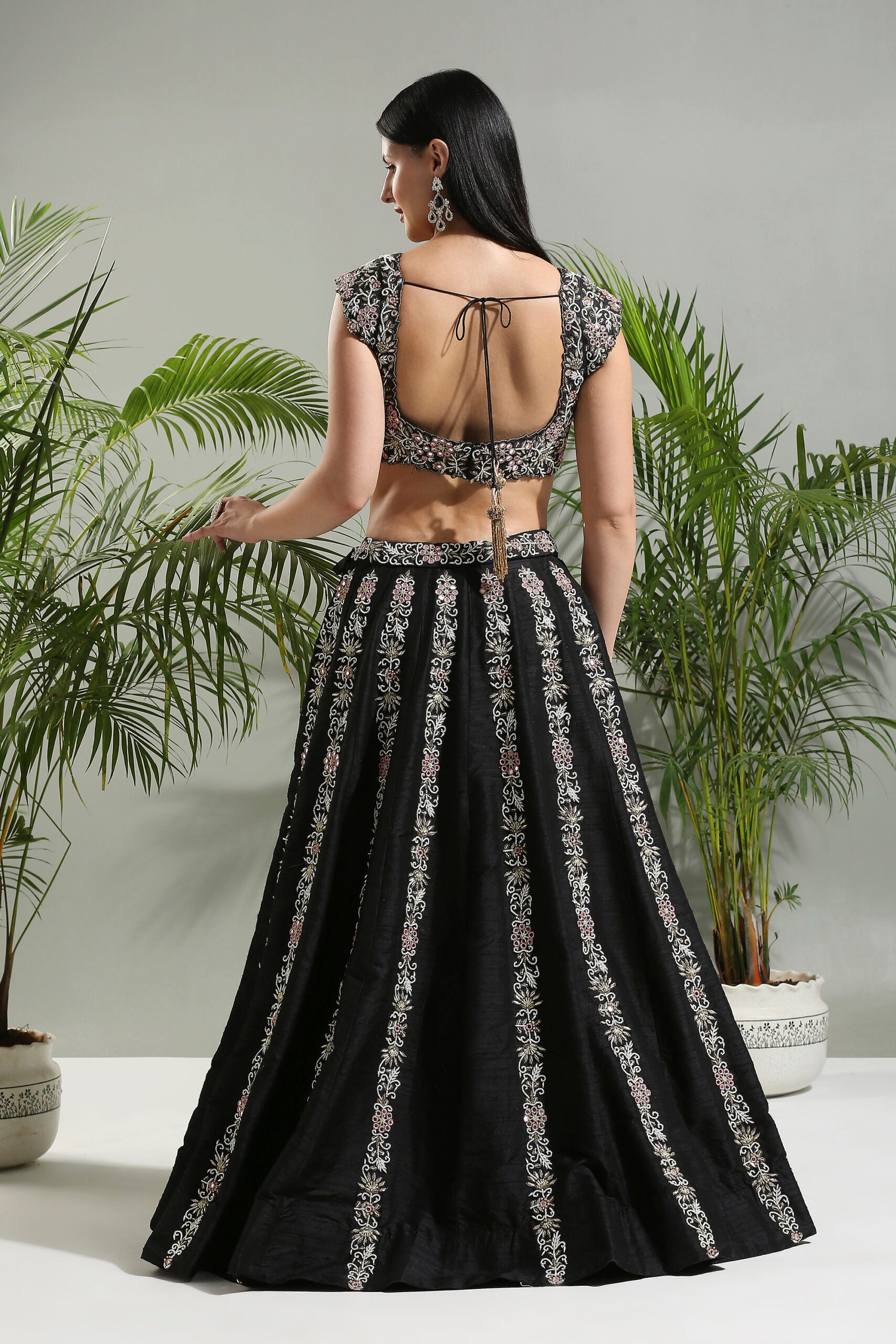 Black and Pink Thread and Mirror Hand Embroidered Lehenga Set image 7