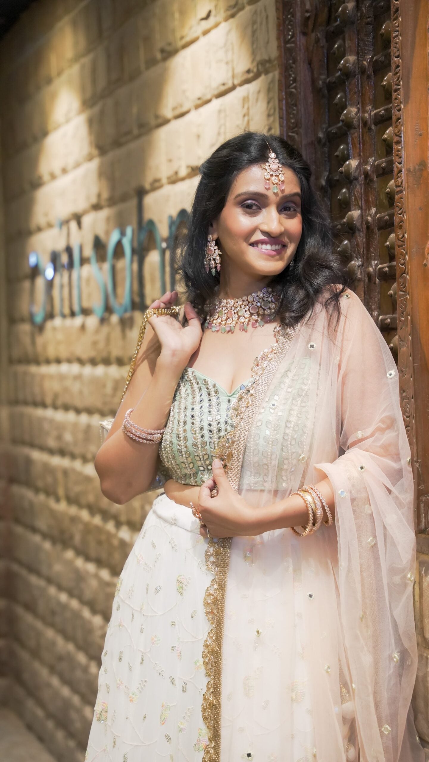 Mint Bustier and Ivory Ruffle Lehenga Set image 5