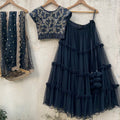 Black Tulle Tier Ruffle Lehenga Set image 0
