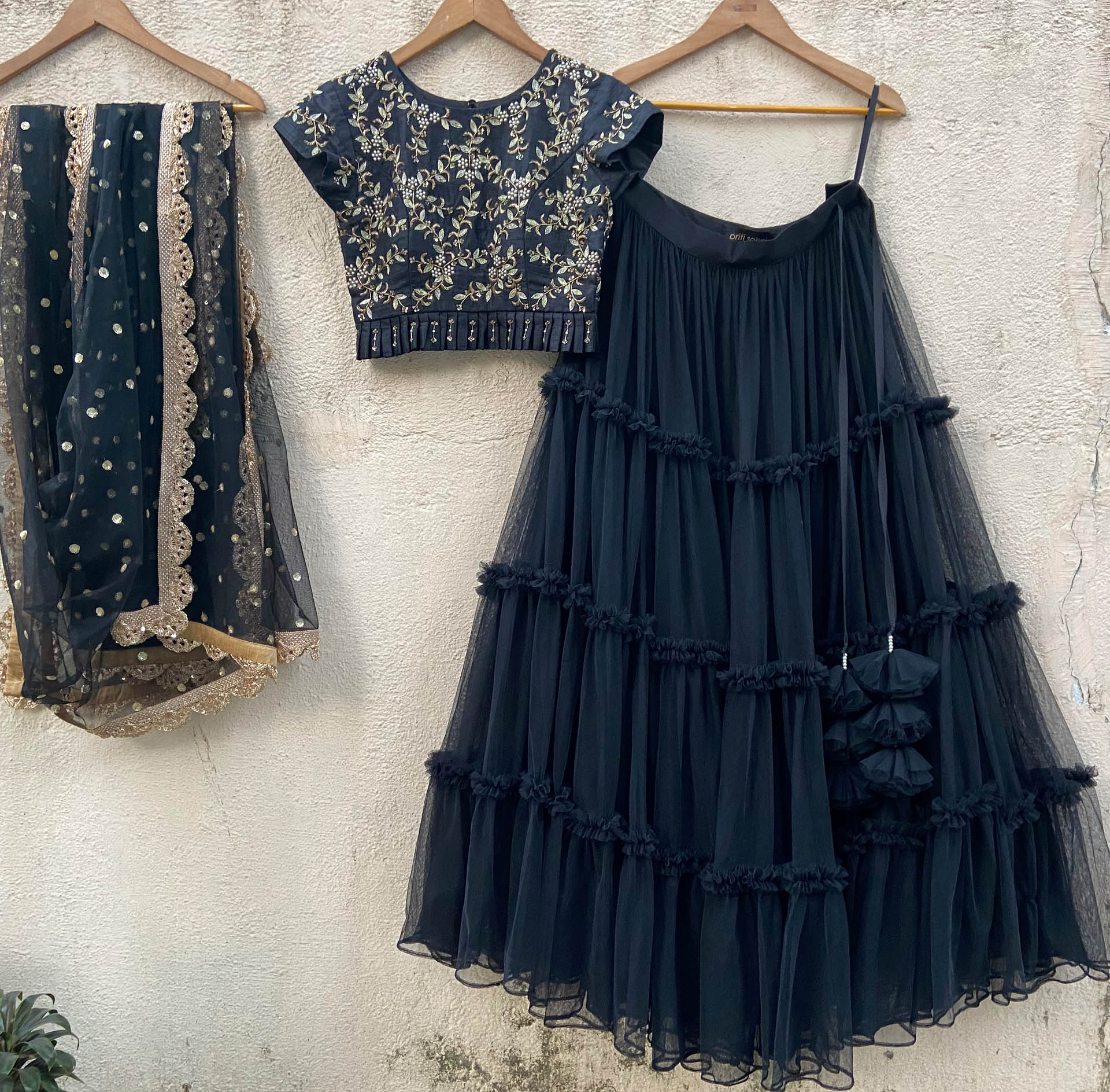 Black Tulle Tier Ruffle Lehenga Set image 0