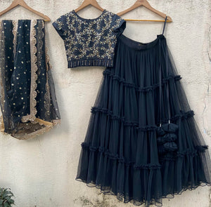 Black Tulle Tier Ruffle Lehenga Set image 0