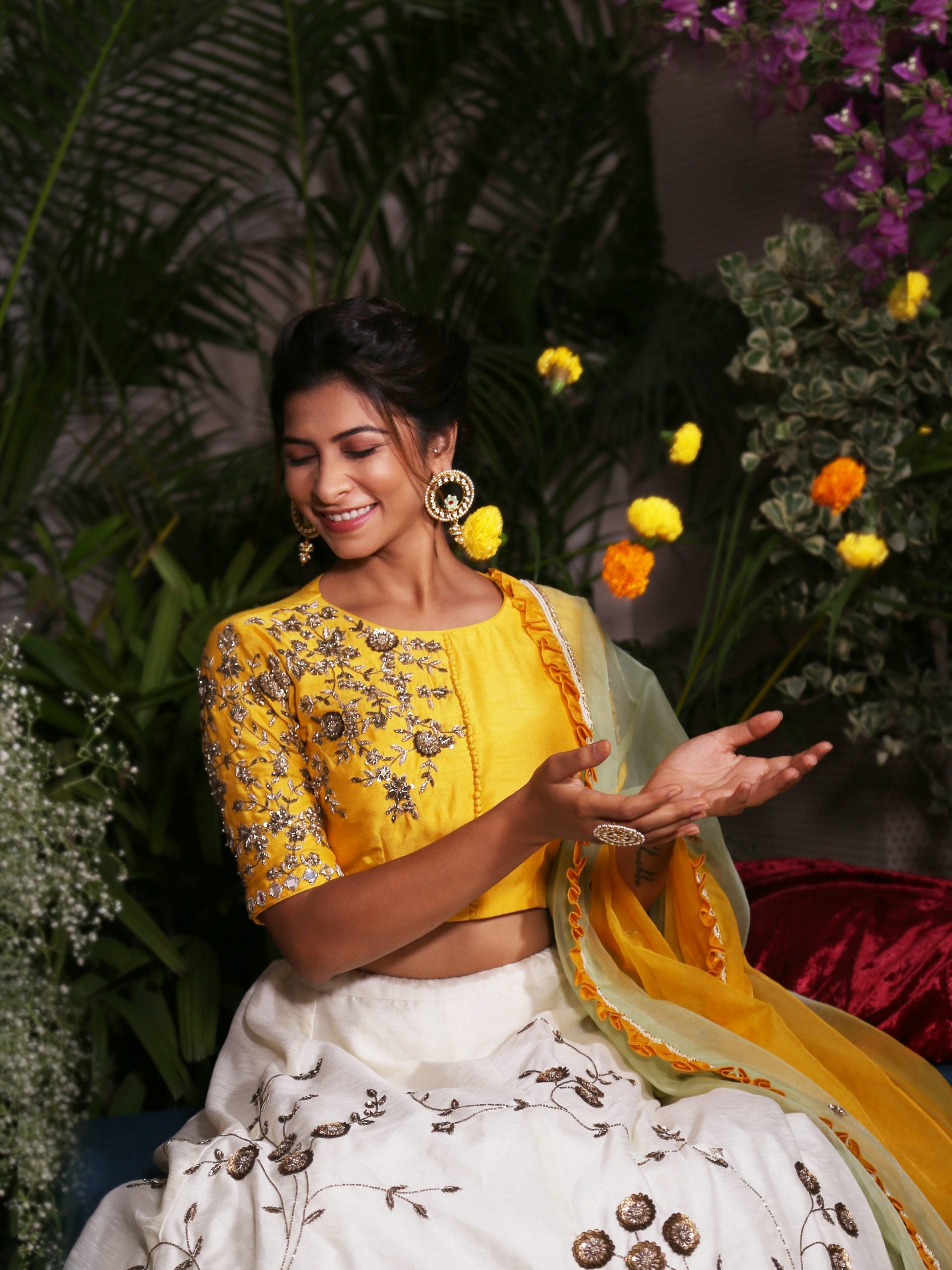 Yellow Blouse with White Lehenga image 2