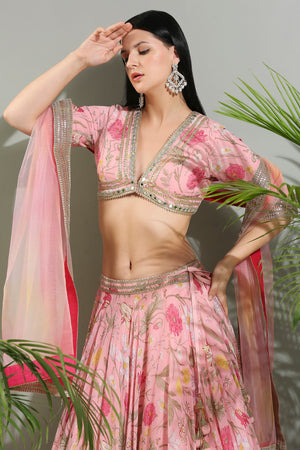 Blush Pink Floral Lehenga Set - S image