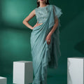 Sea Green Pre Draped Ruffle Saree Set image 0