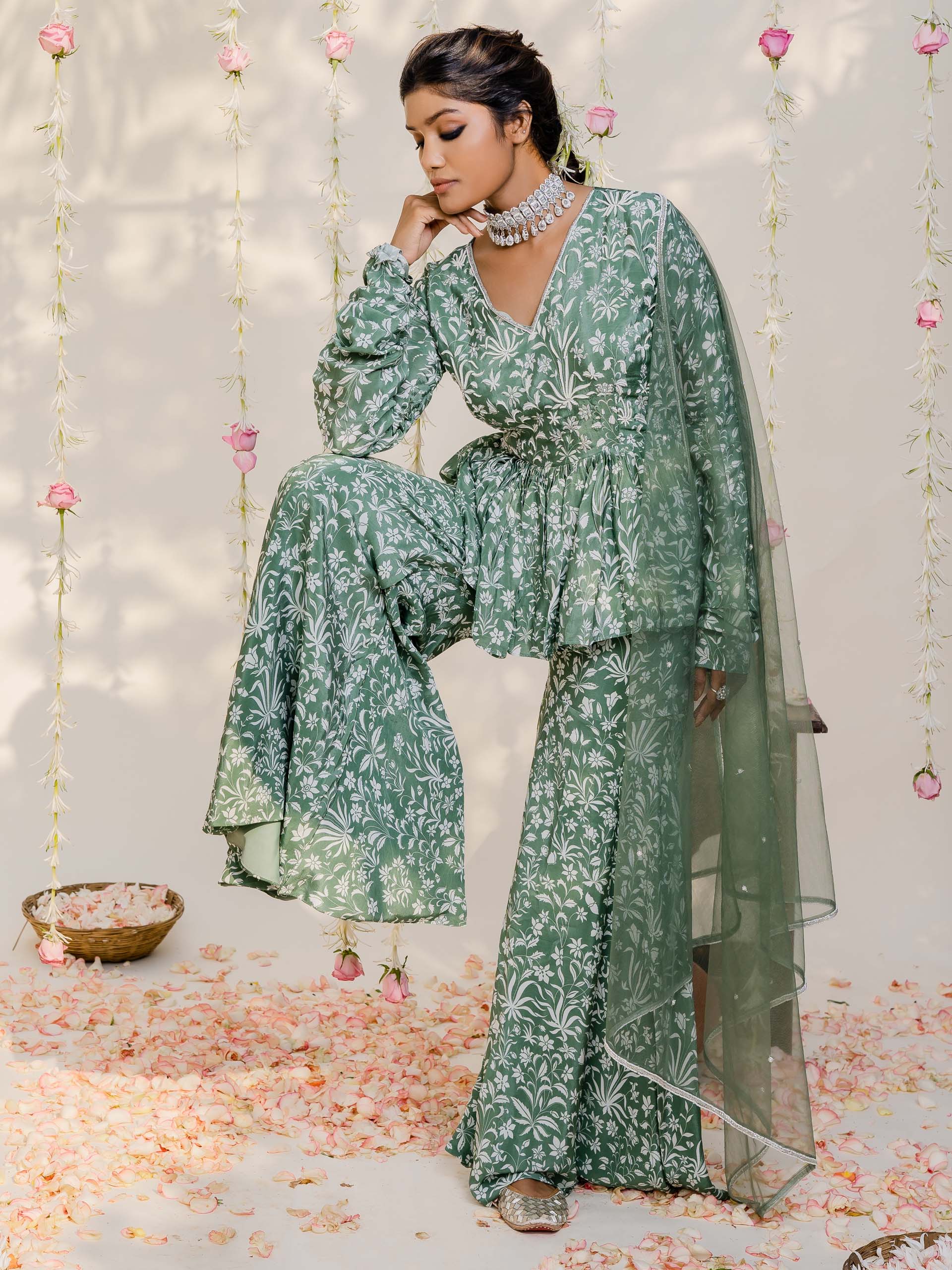 Floral Olive Green Sharara Set image 2