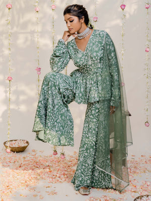 Floral Olive Green Sharara Set image 2