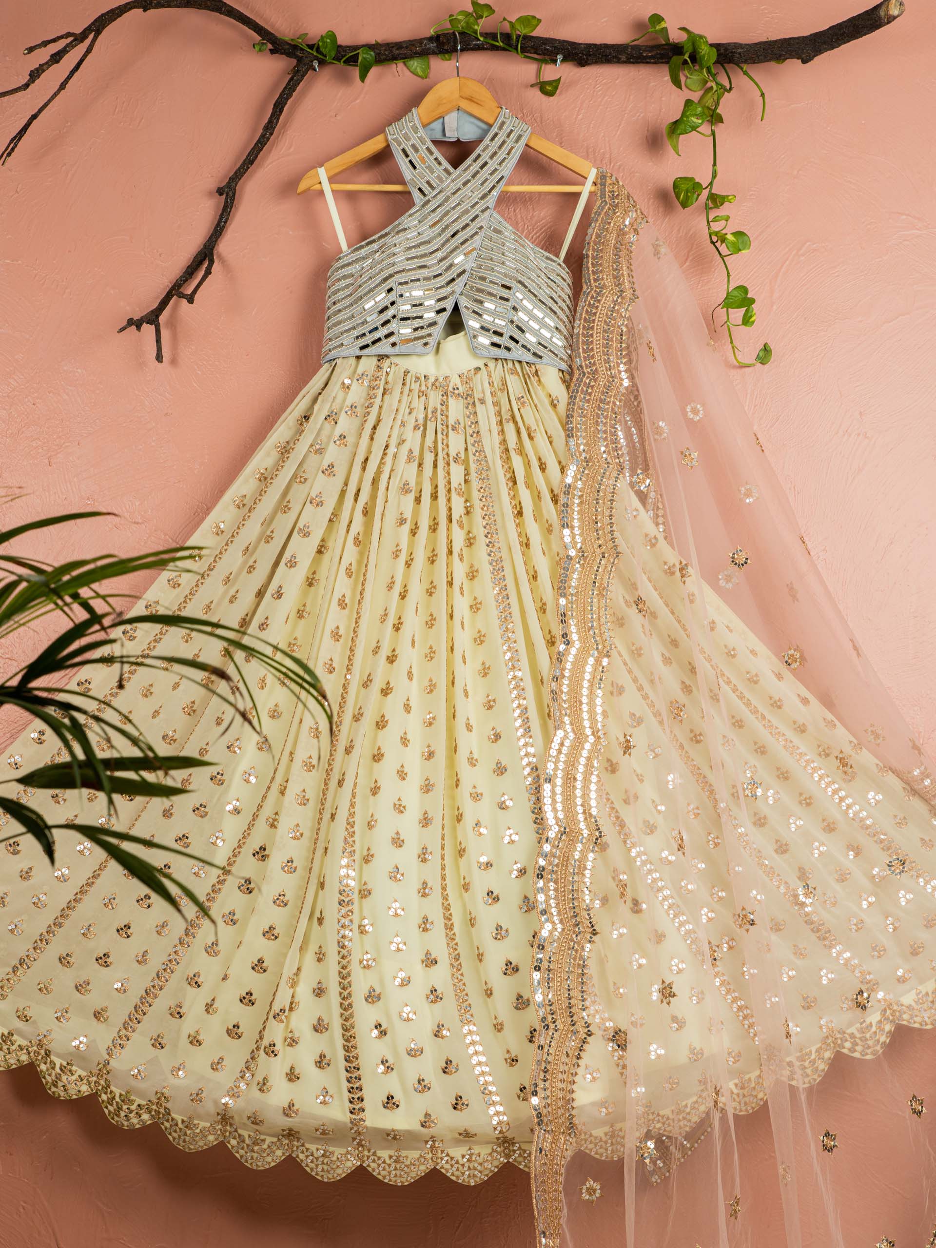 Banana Butti Scallop Lehenga Set with Powder Blue Blouse - L image