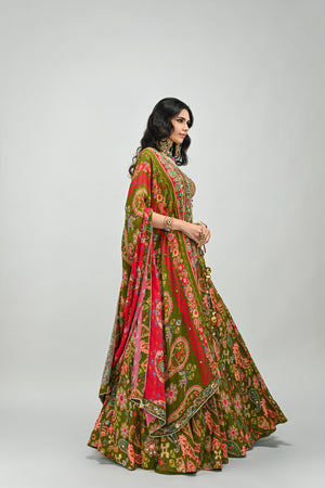 Olive Highlighted Lehenga Paired With Badla Embroidered Olive Blouse and  Dual Print Highlighted Dupatta image 3