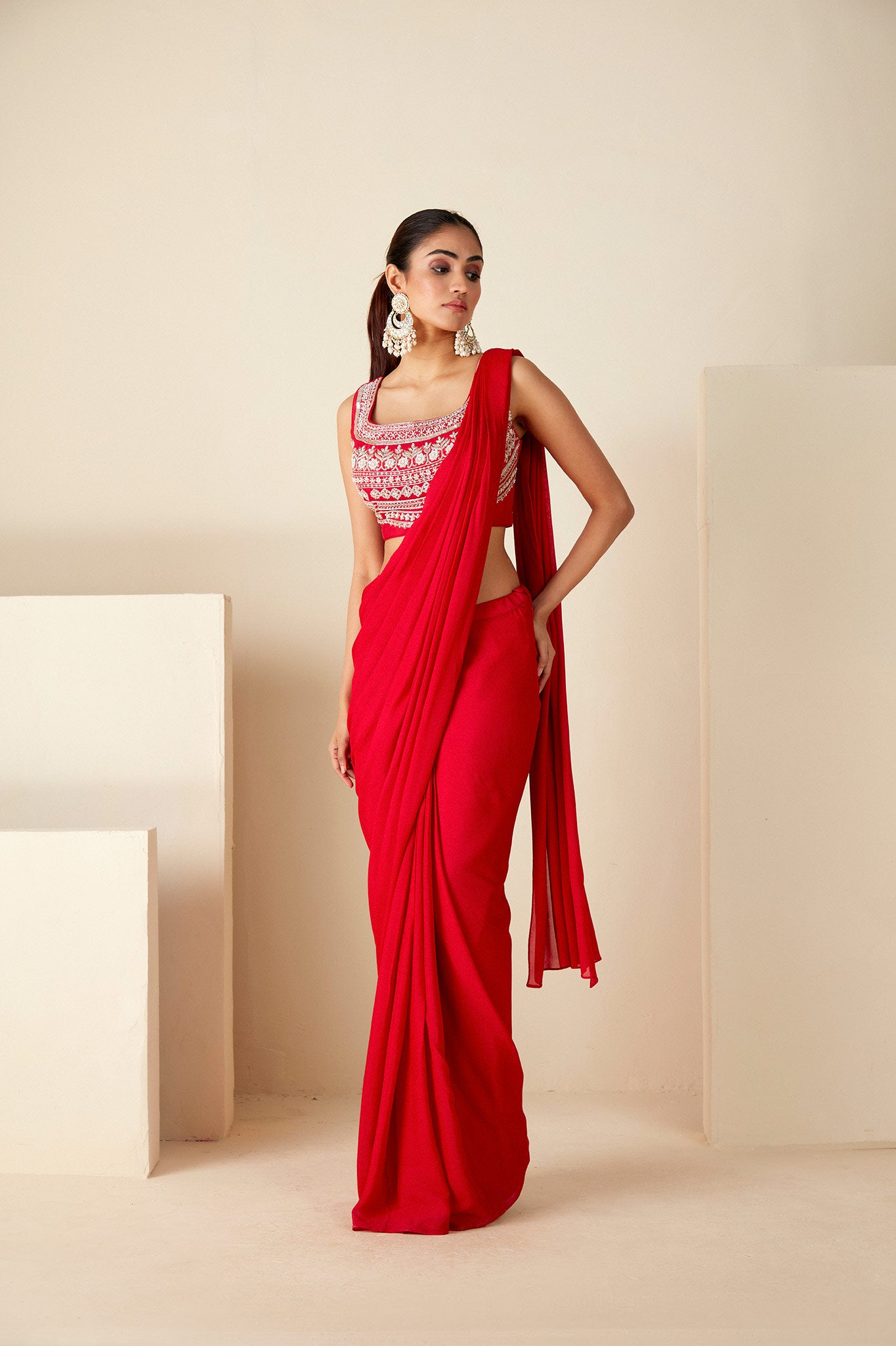 Red Pre-Drape Saree Ensemble image 6