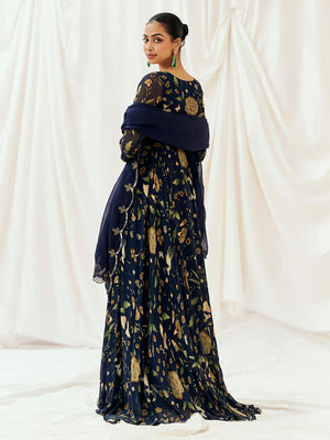 Navy Blue Printed Embroidered Anarkali Set with Dupatta image 7