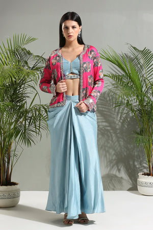 Grey Top and Skirt Set With Fuchsia Jacket image 4