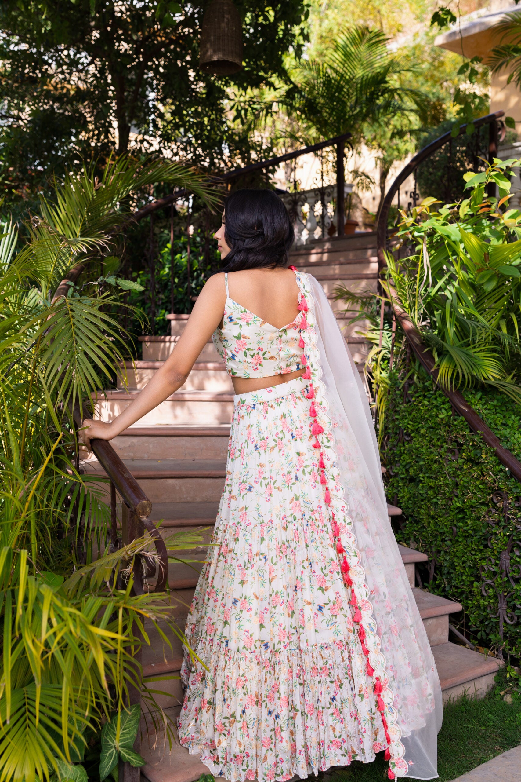 Off-White Floral Georgette Crepe Embroidered Tiered Lehenga Set image 4